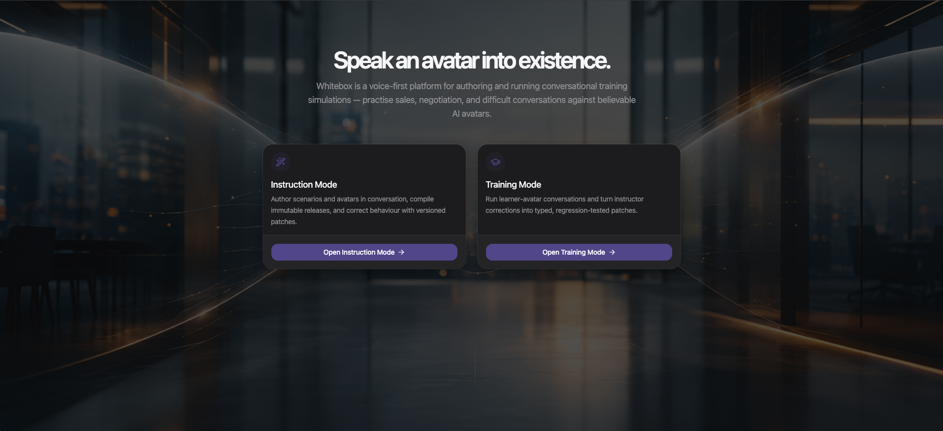 Dunkle Website-Oberfläche mit dem Titel Speak an avatar into existence und zwei Karten für Instruction Mode und Training Mode vor unscharfem Bürohintergrund.